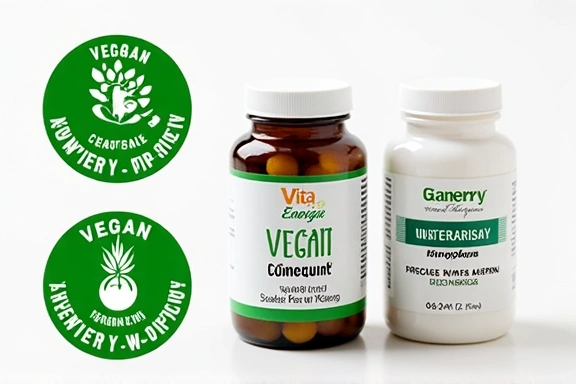 Ikony wegańskie i wegetariańskie obok suplementów Vitaenergialife.